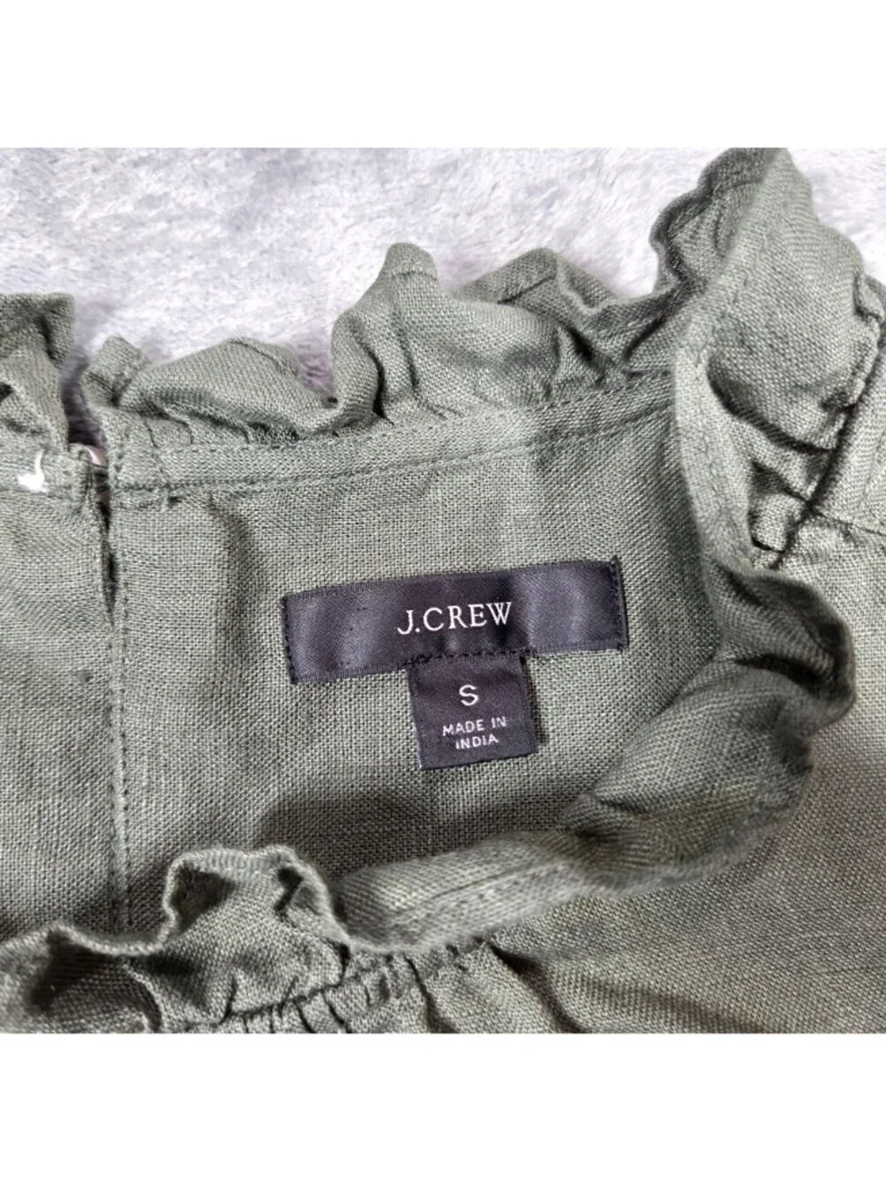 J Crew Top Small Green Linen Smocked Puff Sleeve Preppy Ruffle Trim Beach Blouse